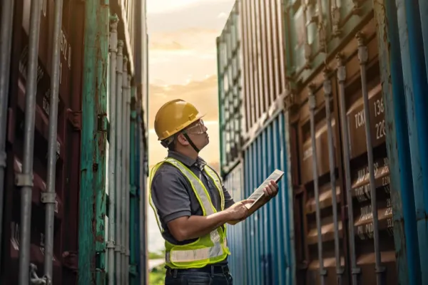 man voert checks uit op de werkvloer tussen containers