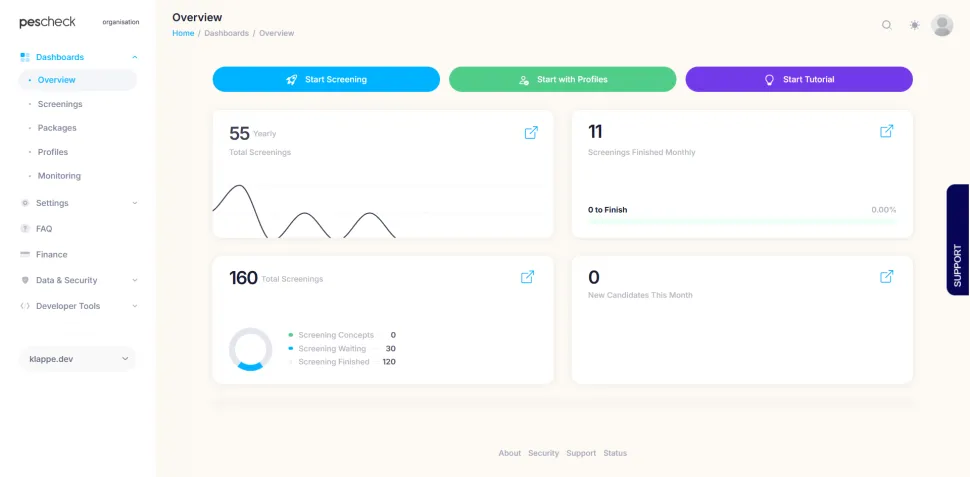 PESCHECK screening dashboard interface