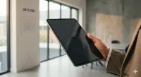 HR-professional bekijkt digitaal background check rapport op een tablet met wereldwijde datavisualisatie.