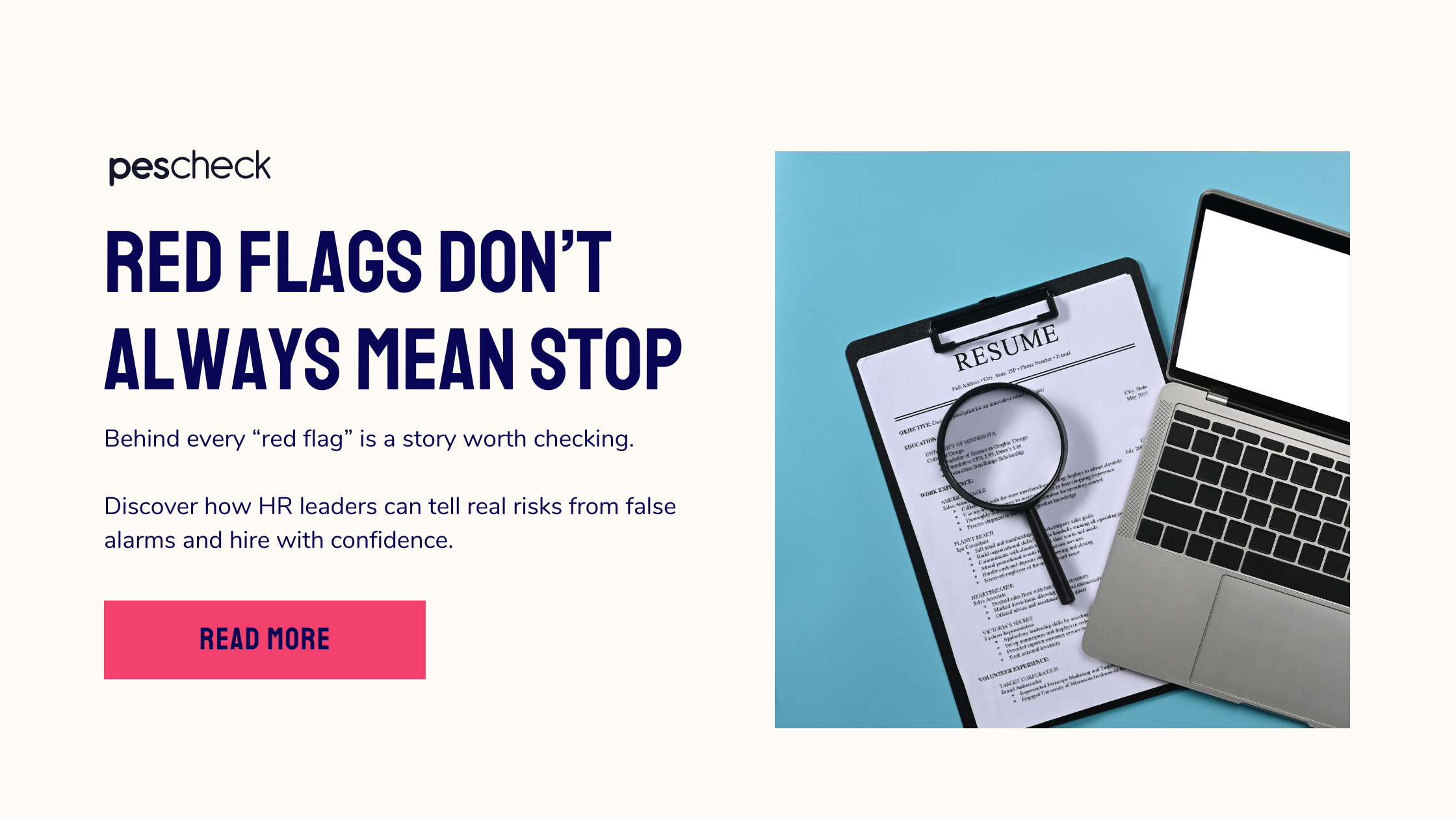 Magnifying glass scanning a digital CV with red and green highlights, symbolizing red flags and verified information in pre-employment screening.