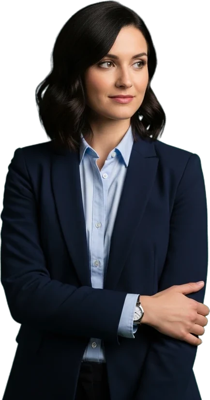 Confident financial services professional in navy suit standing in a corporate office