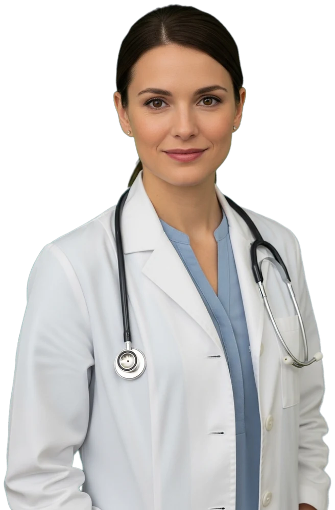Healthcare professional with stethoscope smiling in a hospital ward setting